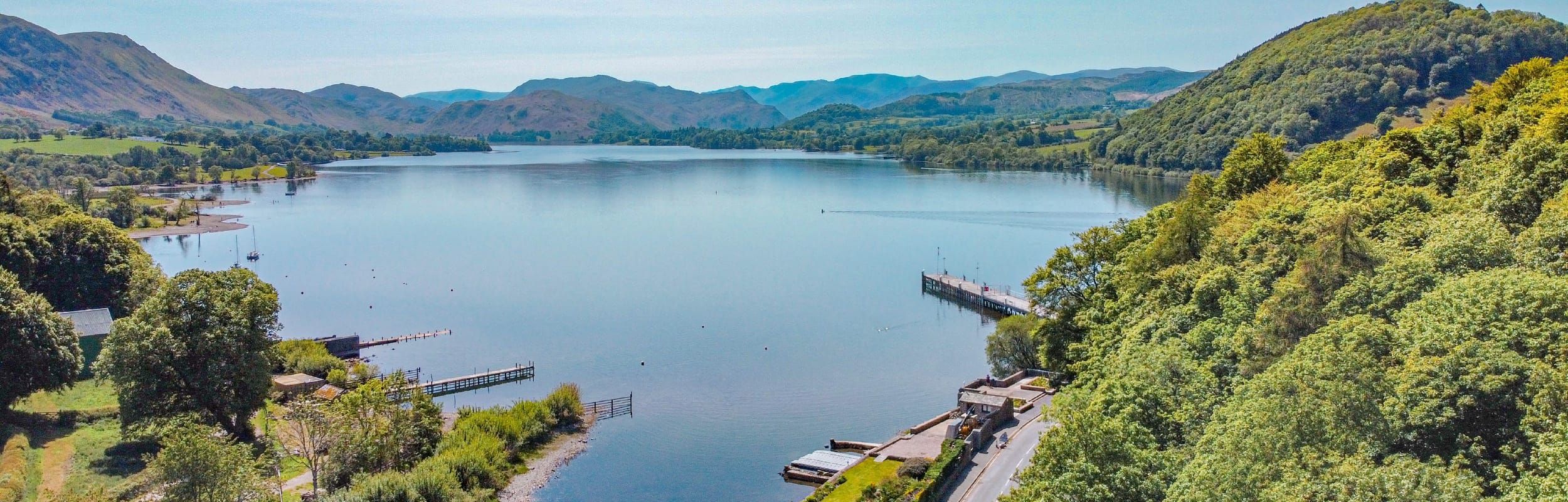 View from above Pooley Bridge pier looking out on the Ullswater scenery 