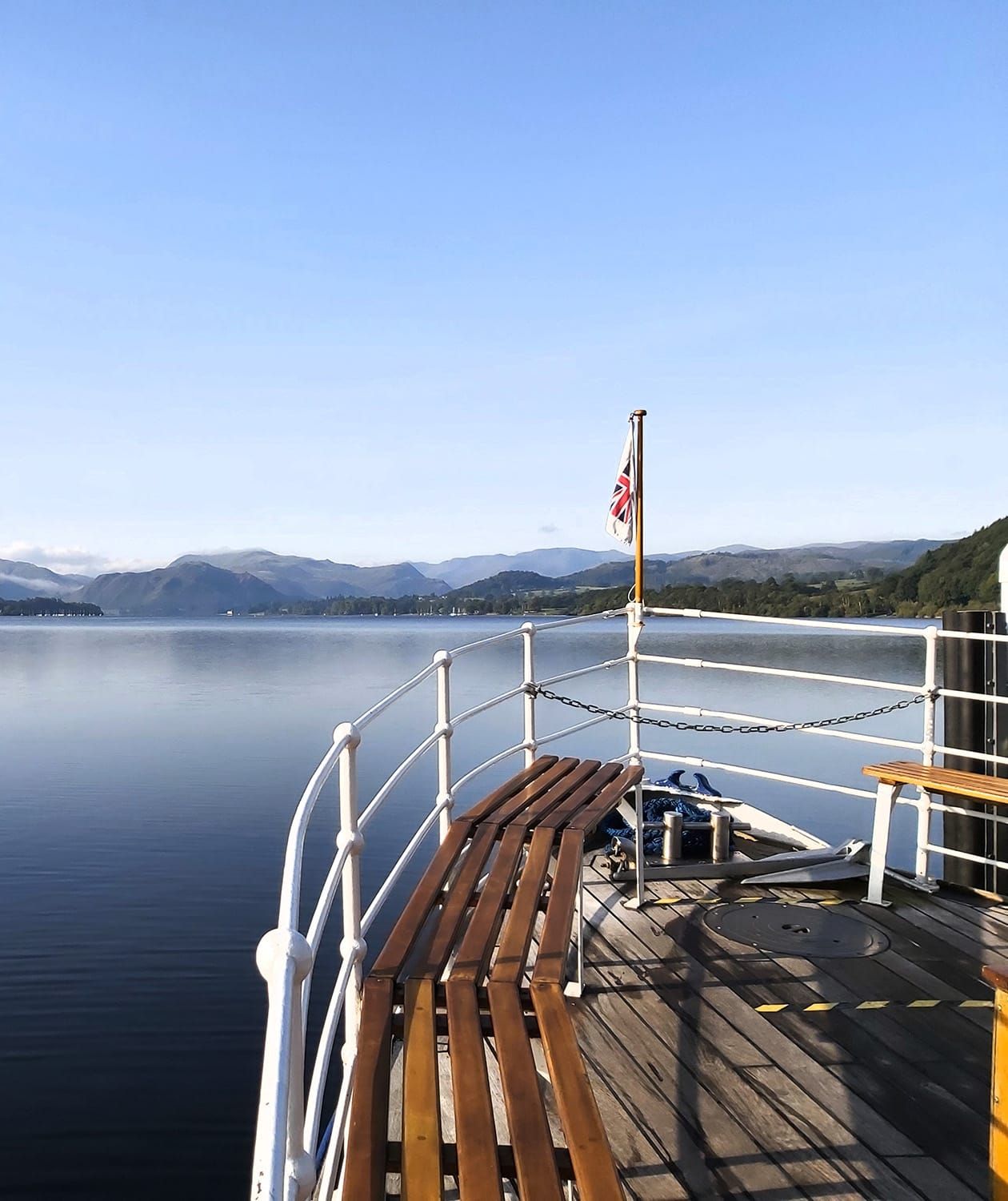 Front view onboard heritage boat overlooking Ullswater valley