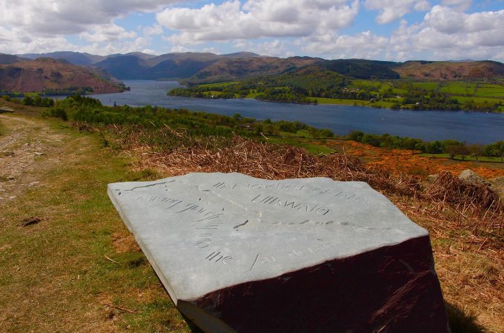 The Wainwright Sitting Stone, Ullswater lake, Lake District National Park